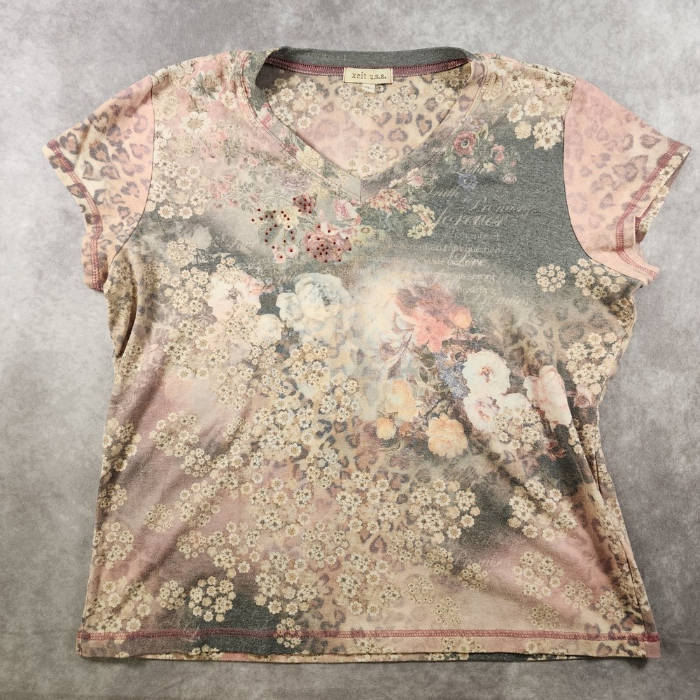 Vintage Y2K Xcit USA XL Floral Leopard Rhinestone Fairy Grunge V Neck Tee